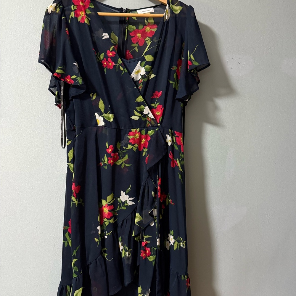 Calvin Klein Blue Ruffled Wrap Sundress for Wedding Guest